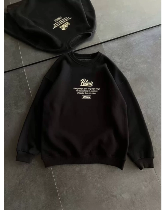 Kışlık Bisiklet Yaka Ön Ve Arka Baskılı SweatShirt - Siyah