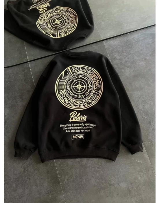 Kışlık Bisiklet Yaka Ön Ve Arka Baskılı SweatShirt - Siyah