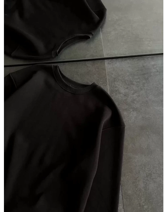Kışlık Bisiklet Yaka Üç İplik Basic SweatShirt - Siyah