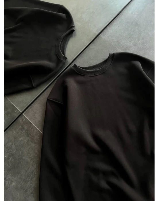 Kışlık Bisiklet Yaka Üç İplik Basic SweatShirt - Siyah