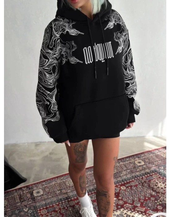 Kışlık Üç İplik Baskılı Kapşonlu SweatShirt - Siyah