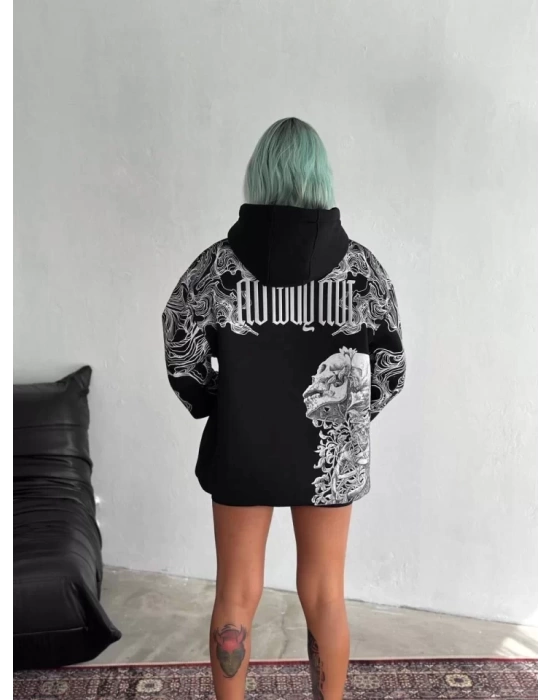 Kışlık Üç İplik Baskılı Kapşonlu SweatShirt - Siyah