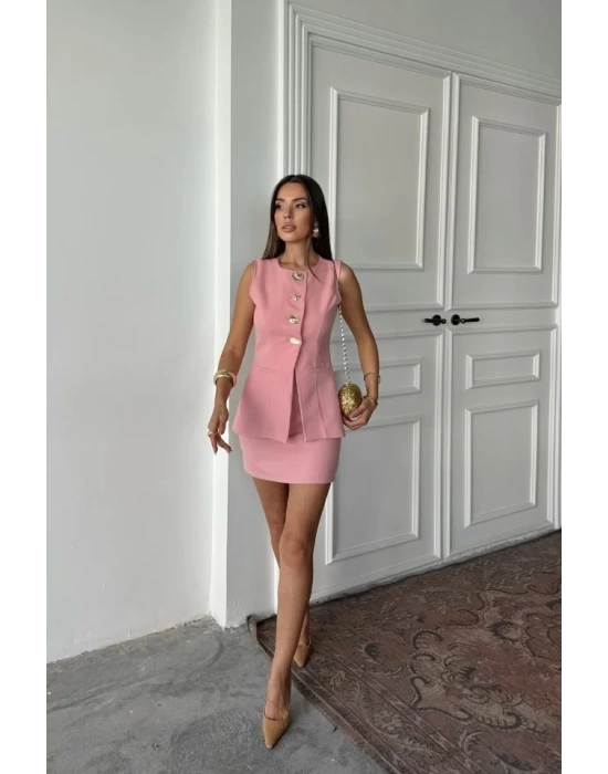 KLASİK GOLD DÜĞMELİ YELEK - KISA ETEK TAKIM - Pembe