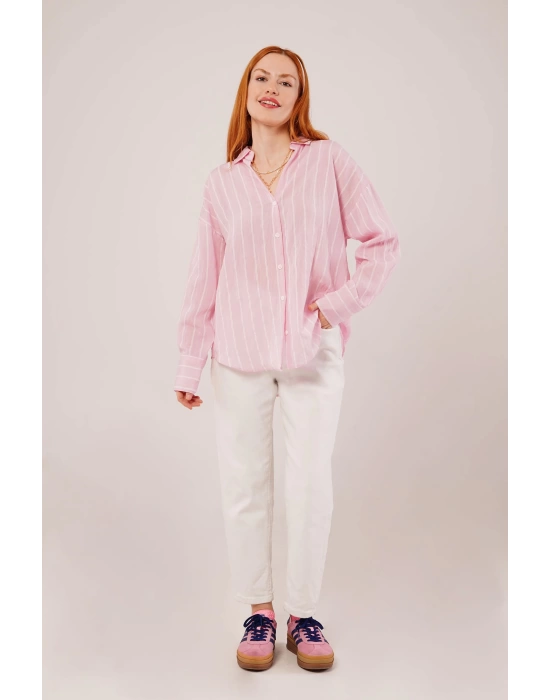 Kol Düğmeli Çizgili Pembe Gömlek