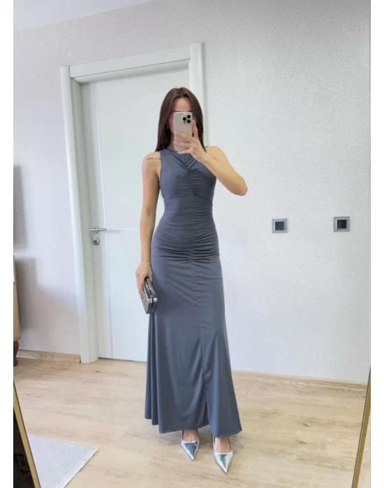 Kolsuz Büzgülü Uzun Elbise - Füme