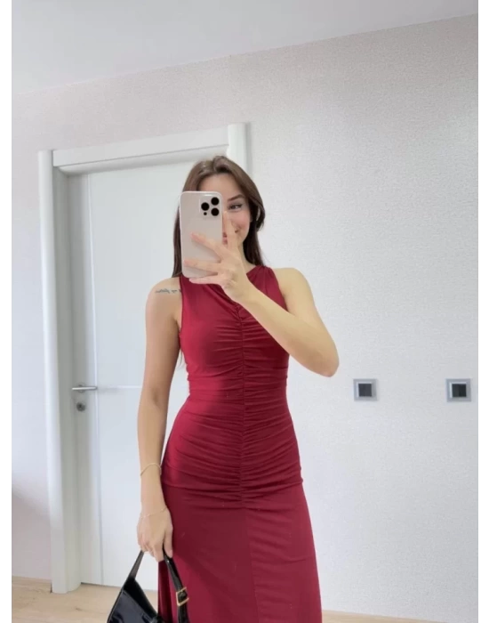 Kolsuz Büzgülü Uzun Elbise - Kırmızı