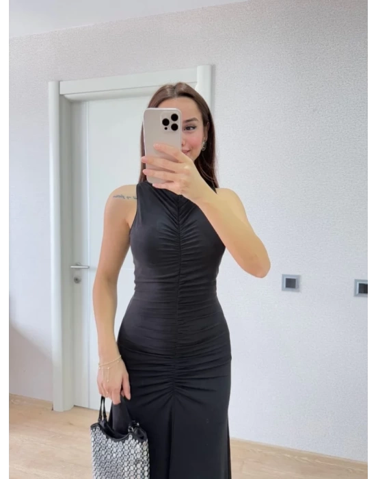 Kolsuz Büzgülü Uzun Elbise - Siyah