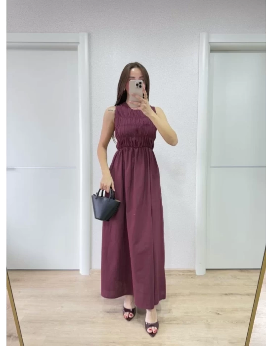 Kolsuz Göğüs Lastıklı Uzun Elbise - Bordo