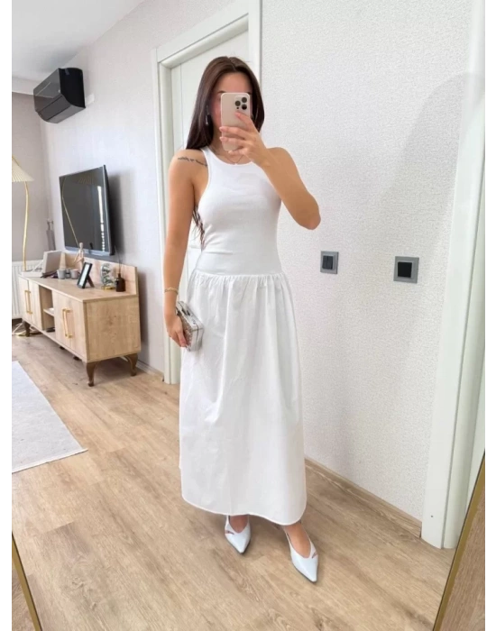 Kolsuz Uzun Elbise - Beyaz