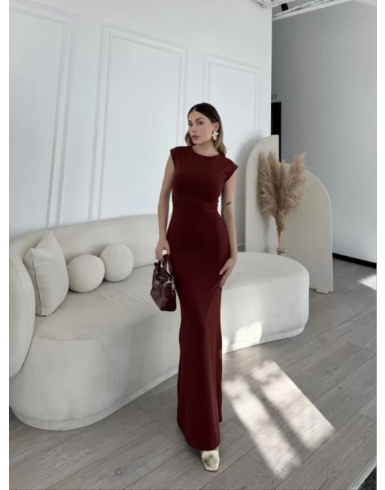 Kolsuz Uzun Likralı Elbise - Bordo