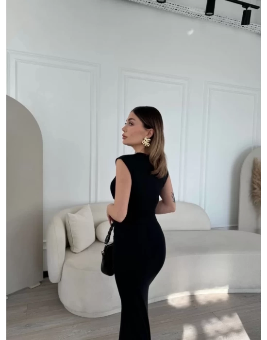 Kolsuz Uzun Likralı Elbise - Siyah