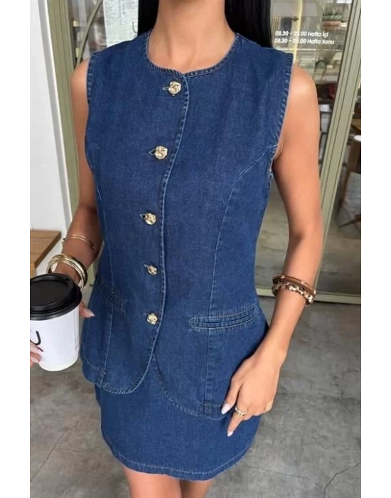 Kolsuz Yelekli Mini Etekli Denim Takım 10164