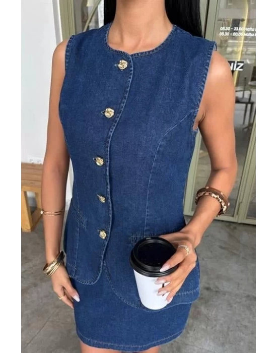 Kolsuz Yelekli Mini Etekli Denim Takım 10164