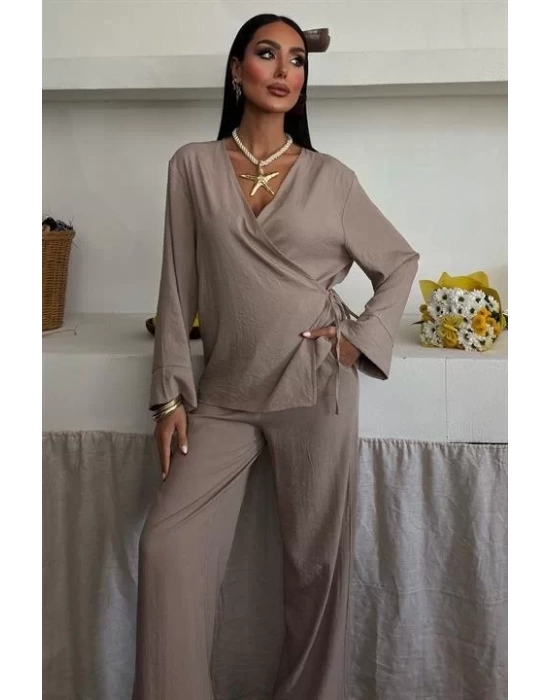 Kruvaze Model Klasik Pantolonlu Çupra Keten Takım 10191