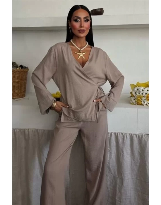 Kruvaze Model Klasik Pantolonlu Çupra Keten Takım 10191