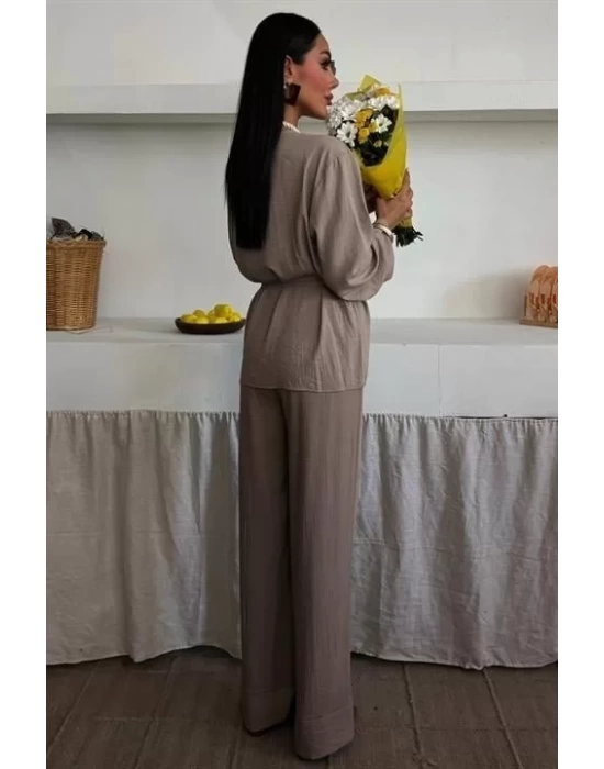 Kruvaze Model Klasik Pantolonlu Çupra Keten Takım 10191