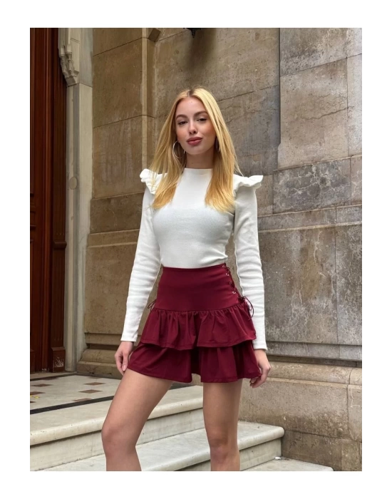 bysoca Kadın Bordo Yüksek Bel Yandan Bağcıklı Kat Kat Fırfırlı Mini Kısa Günlük Etek