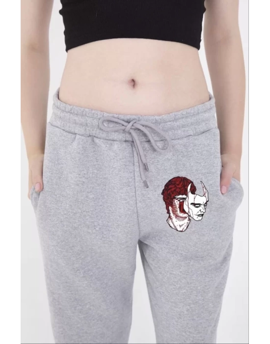 Lastikli Baskılı Eşofman Pantolon - Gri