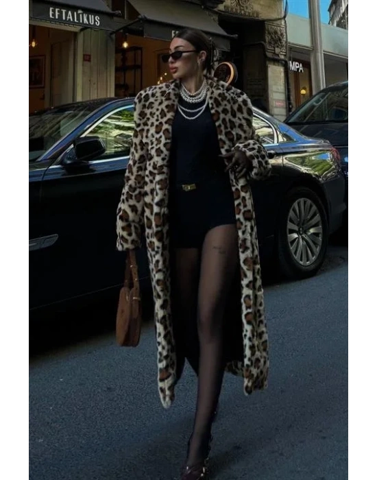 Leopar Desenli İçi Astarlı Peluş Kaban 7065