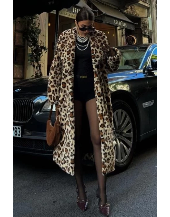 Leopar Desenli İçi Astarlı Peluş Kaban 7065