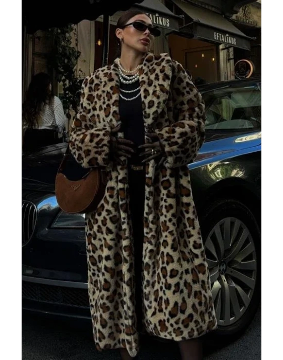 Leopar Desenli İçi Astarlı Peluş Kaban 7065