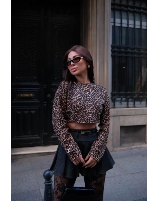 Leopar Desenli Uzun Kollu Crop - Leopar