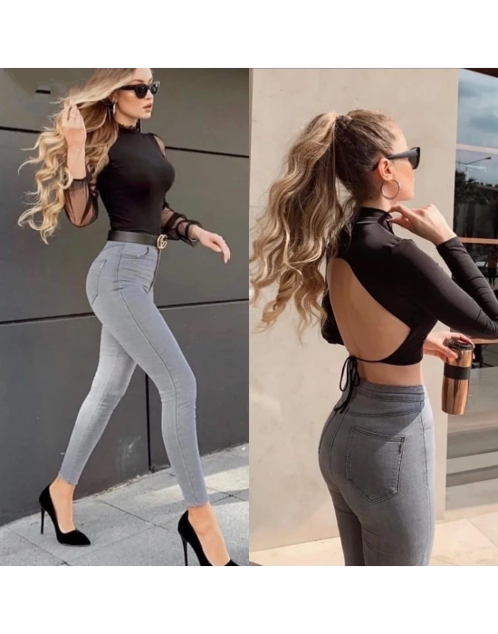 Likralı Yüksek Bel Jean Pantolon
