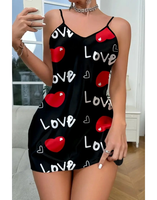 Love Desenli Siyah Saten Gecelik