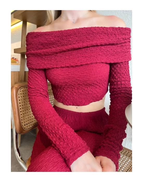 bysoca Kadın Bordo Madonna Yaka Düşük Omuz Gofre Kumaş Dokulu Crop Bluz
