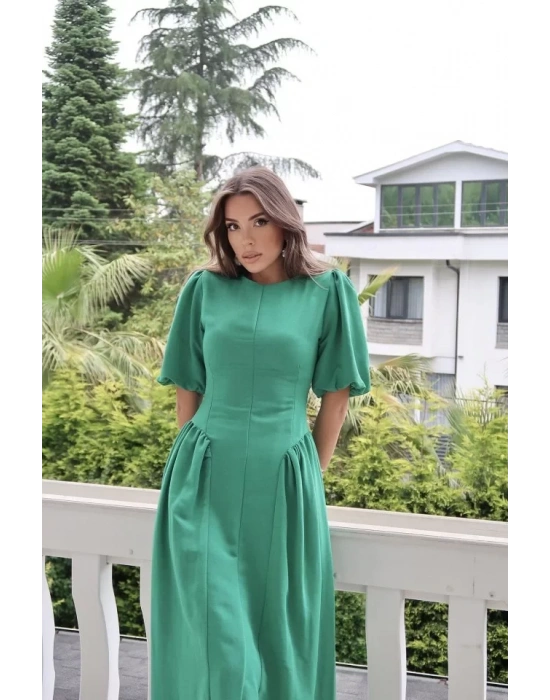 Mavi Arkadan Bağlamalı Büzgülü Keten Elbise