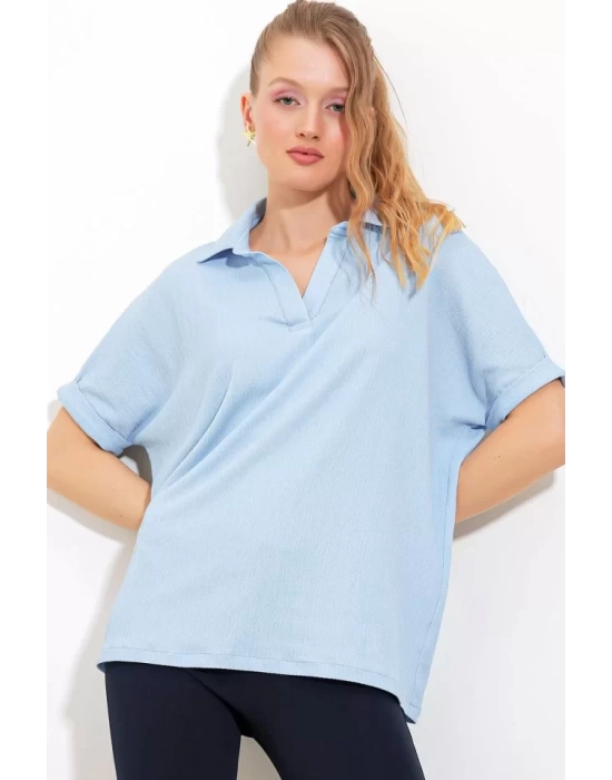 Mavi Oversize Polo Yaka Örme Bluz 0486