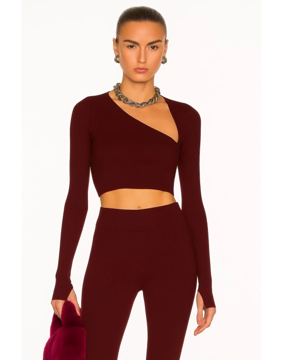 MetuCa Kadın Bordo Asimetrik Yaka Uzun Kollu Parmak Geçmeli Sandy Kumaş Crop Bluz