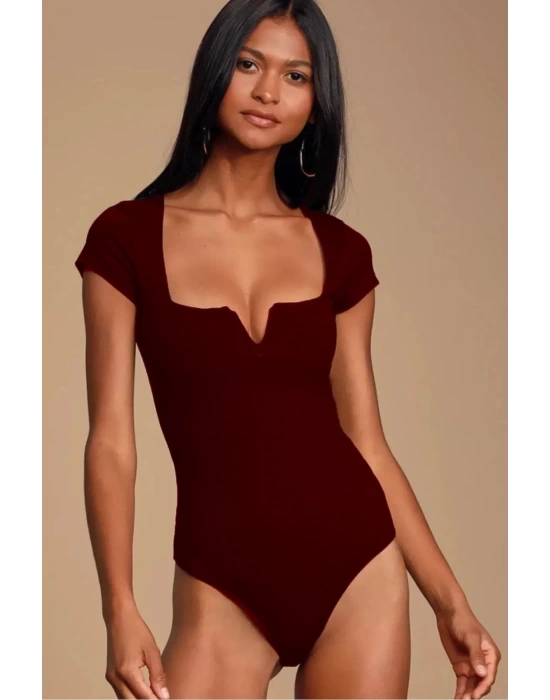 MetuCa Kadın Bordo V Detaylı Kare Yaka Kısa Kollu Jarse Kumaş Tanga Kesim Bodysuit Zıbın