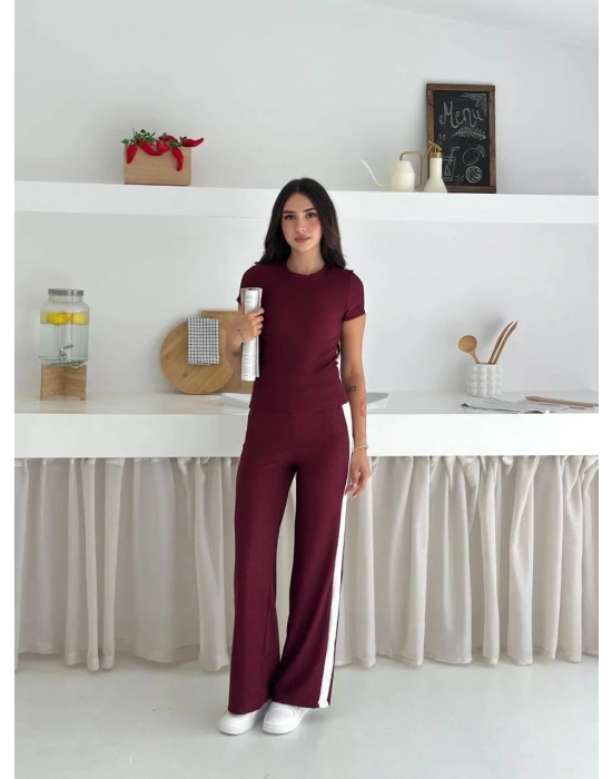 Kadın Bordo Yanı Beyaz Şeritli Yüksek Bel Pamuklu Crop Geniş Paça Eşofman Altı İkili Takım