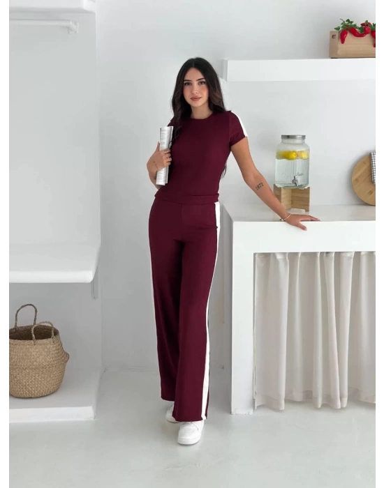 Kadın Bordo Yanı Beyaz Şeritli Yüksek Bel Pamuklu Crop Geniş Paça Eşofman Altı İkili Takım