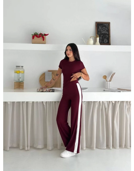 Kadın Bordo Yanı Beyaz Şeritli Yüksek Bel Pamuklu Crop Geniş Paça Eşofman Altı İkili Takım