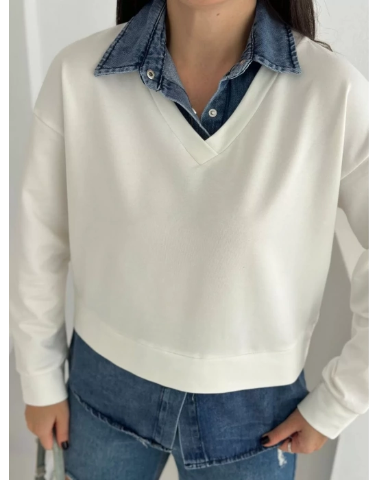 bysoca Kadın Ekru Gömlek Yaka Kot Detaylı V Yaka Uzun Kollu Rahat Kesim İki İplik Kumaş Sweatshirt