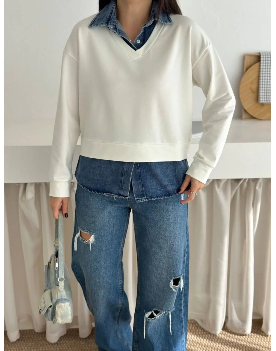 bysoca Kadın Ekru Gömlek Yaka Kot Detaylı V Yaka Uzun Kollu Rahat Kesim İki İplik Kumaş Sweatshirt
