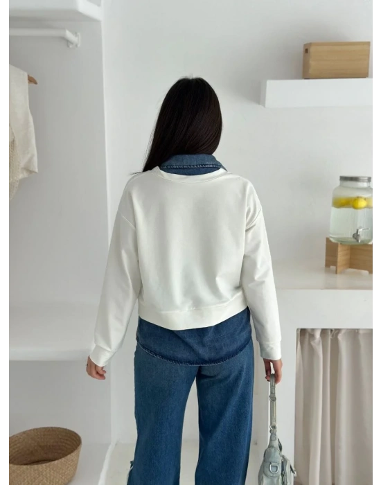 bysoca Kadın Ekru Gömlek Yaka Kot Detaylı V Yaka Uzun Kollu Rahat Kesim İki İplik Kumaş Sweatshirt