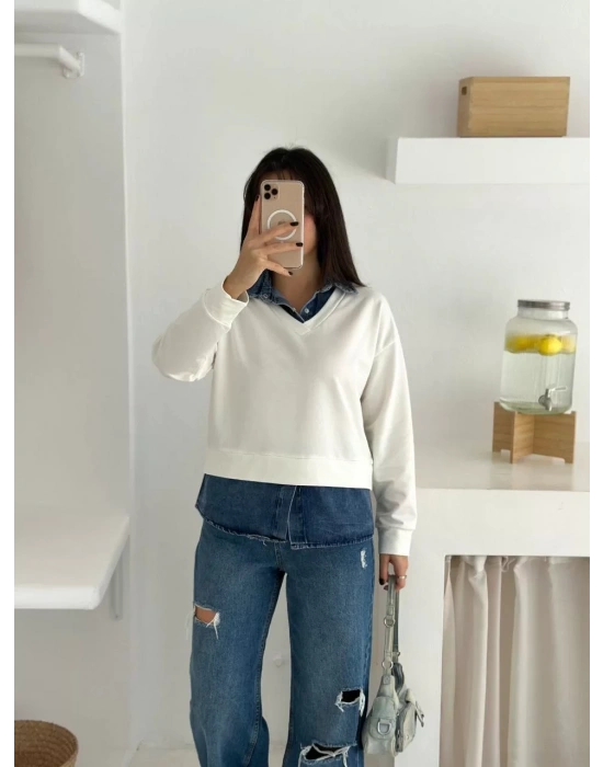 bysoca Kadın Ekru Gömlek Yaka Kot Detaylı V Yaka Uzun Kollu Rahat Kesim İki İplik Kumaş Sweatshirt