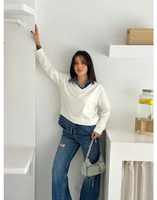 bysoca Kadın Ekru Gömlek Yaka Kot Detaylı V Yaka Uzun Kollu Rahat Kesim İki İplik Kumaş Sweatshirt