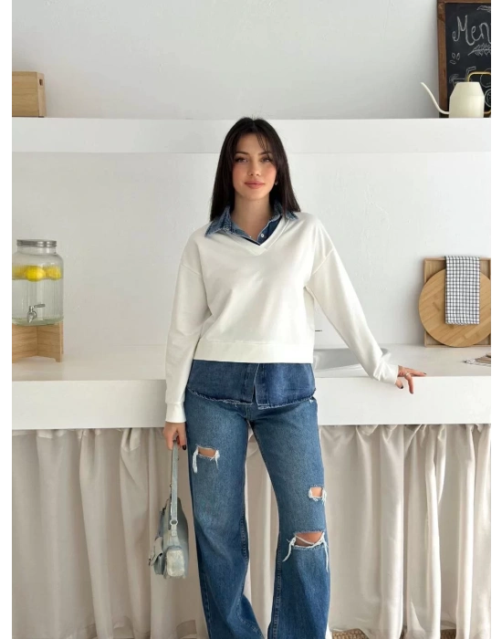 bysoca Kadın Ekru Gömlek Yaka Kot Detaylı V Yaka Uzun Kollu Rahat Kesim İki İplik Kumaş Sweatshirt