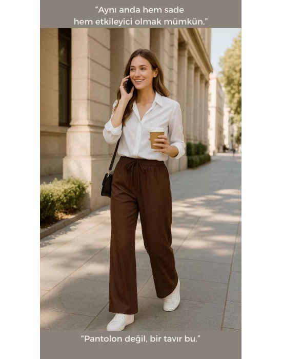 Kadın Kahverengi Bol Paça Belmando Kumaş Beli Lastikli Pantolon - Yumuşak Doku Oversize Model