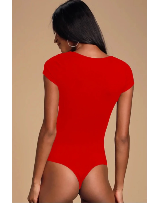 MetuCa Kadın Kırmızı V Detaylı Kare Yaka Kısa Kollu Jarse Kumaş Tanga Kesim Bodysuit Zıbın