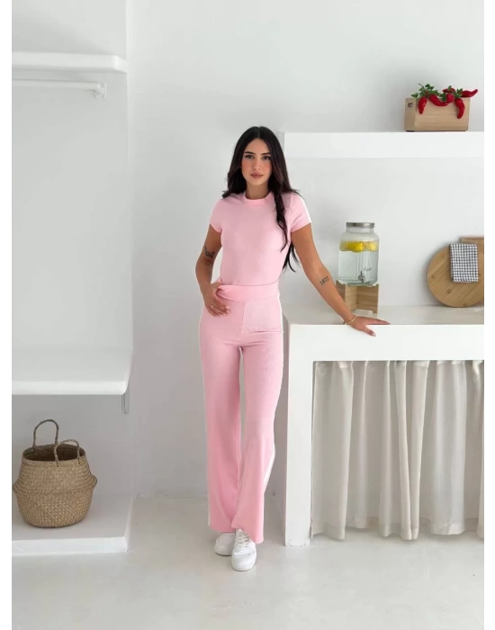 Kadın Pembe Yanı Beyaz Şeritli Yüksek Bel Pamuklu Crop Geniş Paça Eşofman Altı İkili Takım