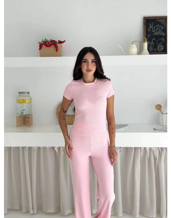 Kadın Pembe Yanı Beyaz Şeritli Yüksek Bel Pamuklu Crop Geniş Paça Eşofman Altı İkili Takım