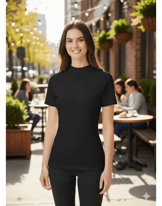 bysoca Kadın Siyah Yarım Balıkçı Yaka Kısa Kollu Likralı Pamuklu Slim Fit Basic Tişört