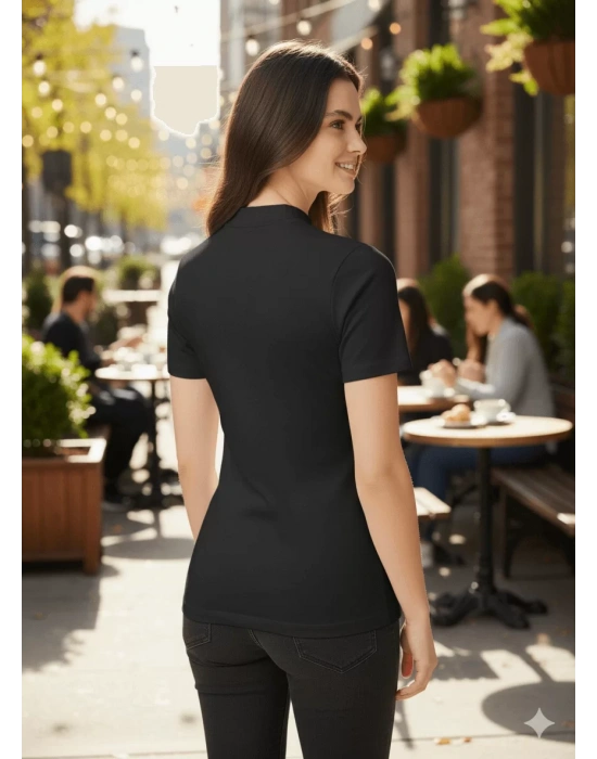 bysoca Kadın Siyah Yarım Balıkçı Yaka Kısa Kollu Likralı Pamuklu Slim Fit Basic Tişört