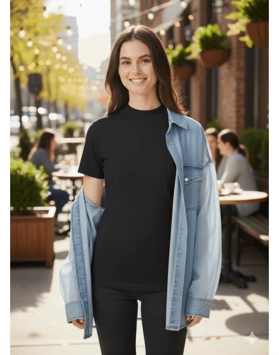 bysoca Kadın Siyah Yarım Balıkçı Yaka Kısa Kollu Likralı Pamuklu Slim Fit Basic Tişört