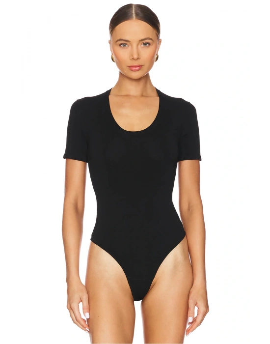MetuCa Kadın Siyah U Yaka Kısa Kollu Jarse Kumaş Vücudu Saran Tanga Kesim Bodysuit Zıbın